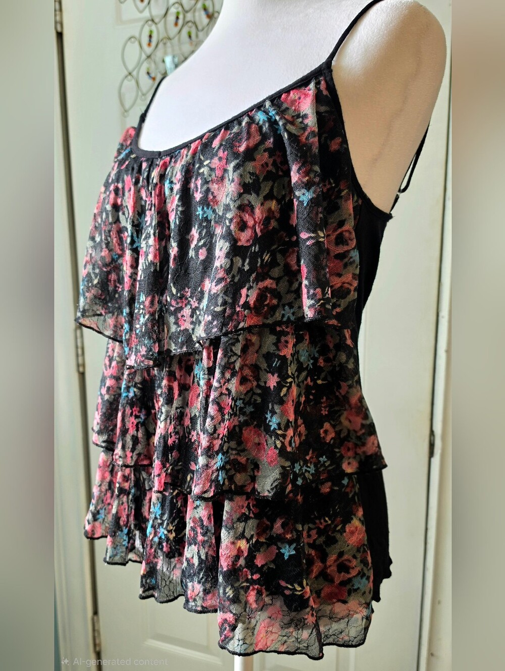Y2K Vintg Body Central Ruffle Tiered Camisole Womens M Black Pink Floral Flowy